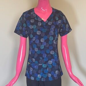 WonderWink Navy Dot Print Mock Wrap Scrub Top | XS